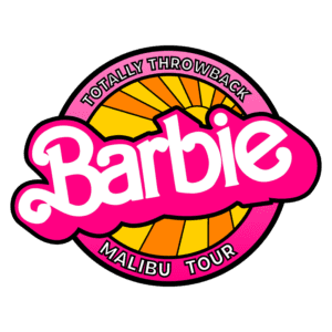 Logotipo da Barbie com design retrô, apresentando as palavras "Totally Throwback" e "Malibu Tour" em um fundo colorido com raios solares, destacando a estética vibrante e divertida associada à marca Barbie.