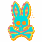 Ilustração de um coelho azul estilizado com um crânio, cruzado por ossos, em um fundo colorido, representando um design ousado e moderno. Ideal para temas de Halloween ou cultura pop.