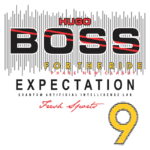 Design gráfico da marca Hugo Boss com temática futurista, apresentando elementos como "FOR THE RIDE," "EXPECTATION," e "QUANTUM ARTIFICIAL INTELLIGENCE LAB," destacando uma estética moderna e sofisticada. O número 9 é apresentado em destaque, sugerindo exclusividade e inovação.