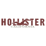 Logo da marca Hollister, destacando o nome da marca em letras maiúsculas vermelhas e a palavra "California" em letras brancas, acompanhada de uma silhueta de uma gaivota. Ideal para representação de moda casual e estilo californiano.