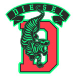Logotipo da marca Diesel com um tigre estilizado em verde e preto, pulando em cima da letra "D" vermelha, acompanhado do texto "DIESEL" acima em uma faixa.