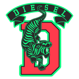 Logotipo da marca Diesel com um tigre estilizado em verde e preto, pulando em cima da letra "D" vermelha, acompanhado do texto "DIESEL" acima em uma faixa.