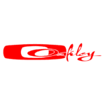 Logo da Oakley em vermelho, destacando o design moderno e esportivo da marca, conhecida por seus óculos de sol e acessórios para atletas.