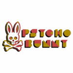 Logotipo da marca Psycho Bunny, apresentando um coelho estilizado com crânio e ossos cruzados, em um design vibrante e ousado, refletindo um estilo divertido e irreverente.