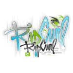 Logotipo da marca Rip Curl com elementos gráficos em estilo graffiti, destacando a cultura do surfe e o estilo de vida praiano. As cores predominantes são azul, verde e preto, refletindo a energia e a vivacidade do surf.