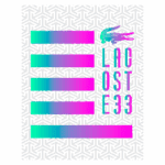 Imagem promocional da marca Lacoste, apresentando um fundo com um padrão geométrico cinza e linhas horizontais em tons de gradiente roxo e verde. O texto "Lacoste F33" está em destaque com um design moderno e vibrante.