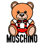 Ursinho de pelúcia estilizado da marca Moschino, sentado, usando suspensórios vermelhos e uma gravata borboleta. Logotipo da Moschino em destaque abaixo da imagem.