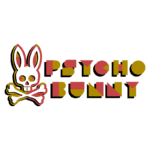 Logotipo da marca Psycho Bunny, apresentando um coelho estilizado com um crânio e ossos cruzados, destacando cores vibrantes como vermelho, amarelo e branco em um design moderno.