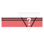 Logotipo estilizado da marca Guess, apresentando um triângulo com a palavra "GUESS" e um ponto de interrogação em um fundo vermelho e preto. Ideal para identificação de produtos de moda e acessórios.