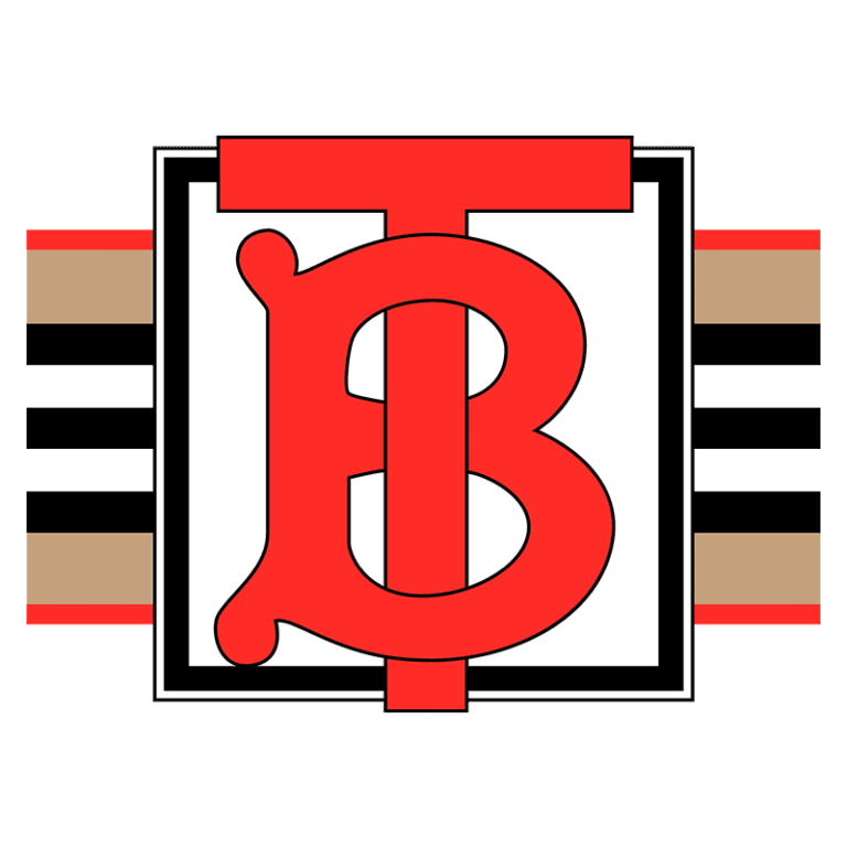Logotipo da empresa TB, com um grande "B" estilizado em vermelho, cercado por um contorno preto e fundo branco, apresentando listras horizontais em vermelho, preto e bege.