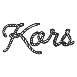 Logotipo estilizado da palavra "Kors" feito com cordas, ideal para identificar marcas de moda ou acessórios.