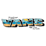 Imagem com a logomarca "Vans Off the Wall" em estilo retrô, apresentando uma cena de praia com palmeiras, sol e ondas, evocando um clima de verão e esportes radicais.