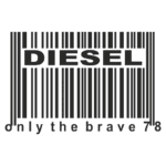 Logotipo da marca Diesel, apresentando um código de barras estilizado com o texto "DIESEL" e "only the brave 78" em destaque, representando a identidade ousada e única da marca.