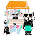 Ilustração de um estande de flores da Karl Lagerfeld Paris, com uma figura estilizada do designer e um gato estilizado usando óculos escuros, rodeados por vasos de flores coloridas e uma placa de madeira exibindo o nome da marca.