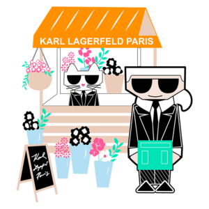 Ilustração de um estande de flores da Karl Lagerfeld Paris, com uma figura estilizada do designer e um gato estilizado usando óculos escuros, rodeados por vasos de flores coloridas e uma placa de madeira exibindo o nome da marca.