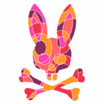 Ilustração colorida de um coelho estilizado em forma de crânio, com ossos cruzados abaixo, utilizando tons vibrantes de rosa, laranja e roxo. Ideal para temas de arte urbana e grafite.