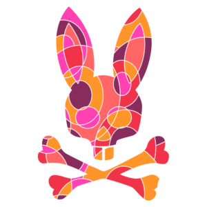 Ilustração colorida de um coelho estilizado em forma de crânio, com ossos cruzados abaixo, utilizando tons vibrantes de rosa, laranja e roxo. Ideal para temas de arte urbana e grafite.