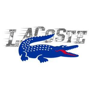 Logo da Lacoste apresentando um crocodilo azul com detalhes em vermelho, acompanhado do texto "LACOSTE" em estilo desgastado. Ideal para representar a marca de moda conhecida por seu estilo clássico e esportivo.