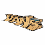 Logotipo estilizado da marca Vans, apresentando letras em formato 3D com estilo gráfico, em tons de marrom. Ideal para representar produtos de skate e streetwear.