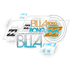 Logo da Billabong com o texto "BILLA bong. BONG. BILLABONG CREATIVE ESSENTIAL FOREVER" estilizado em cores vibrantes e elementos gráficos de ondas, representando a cultura do surf e a criatividade da marca.