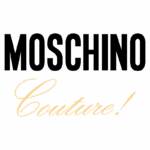 Logotipo da Moschino Couture em letras grandes e ousadas, com a palavra "Couture" em um estilo cursivo elegante, representando a marca de moda high-end.