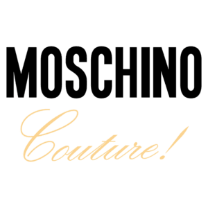 Logotipo da Moschino Couture em letras grandes e ousadas, com a palavra "Couture" em um estilo cursivo elegante, representando a marca de moda high-end.