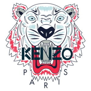 Logo da marca Kenzo Paris, mostrando a cabeça de um tigre estilizado em cores vibrantes, simbolizando a ousadia e a estética única da grife.