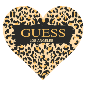 Logo da marca Guess em formato de coração com padrão de onça, destacando "LOS ANGELES" em letras douradas.