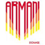 Logotipo da Armani Exchange com design moderno, apresentando letras em vermelho e linhas coloridas em tons de laranja, amarelo e branco. Ideal para representar a moda contemporânea e a elegância da marca.