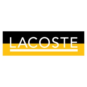 Logotipo da Lacoste, destacando as cores preto e amarelo, simbolizando a marca de moda e estilo de vida.
