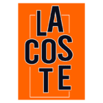 Logotipo da marca Lacoste em fundo laranja, destacando o nome em letras maiúsculas pretas, representando a moda e estilo.