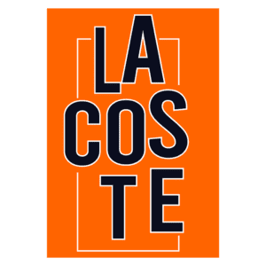 Logotipo da marca Lacoste em fundo laranja, destacando o nome em letras maiúsculas pretas, representando a moda e estilo.