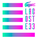 Imagem com o logo da Lacoste em um design moderno e vibrante, apresentando gradientes em tons de verde e rosa. O texto "LACOSTE E33" está destacado em uma fonte estilizada. Ideal para destacar produtos ou coleções da marca.