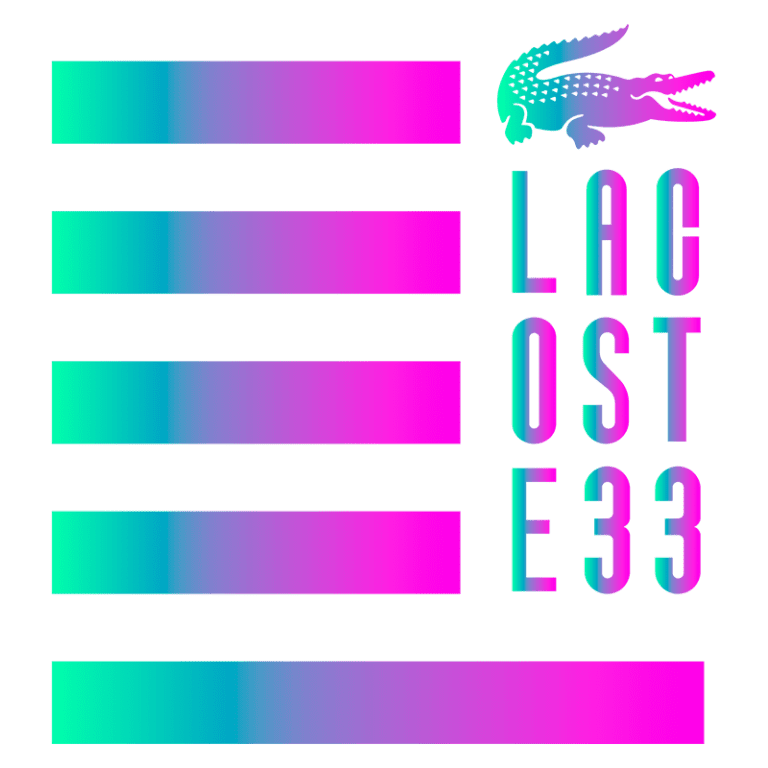 Imagem com o logo da Lacoste em um design moderno e vibrante, apresentando gradientes em tons de verde e rosa. O texto "LACOSTE E33" está destacado em uma fonte estilizada. Ideal para destacar produtos ou coleções da marca.
