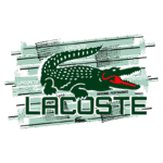 Logotipo da Lacoste com um jacaré verde estilizado e detalhes em vermelho, acompanhada por elementos gráficos e a frase "Original Performance". Ideal para produtos de moda e esportivos.