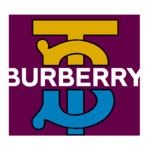 Logotipo da marca Burberry com letras estilizadas em amarelo e azul sobre um fundo roxo, representando a identidade visual luxuosa e contemporânea da grife britânica.