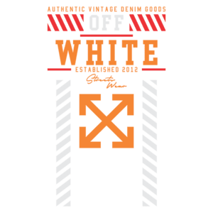Logotipo da marca Off-White, destacando "AUTHENTIC VINTAGE DENIM GOODS" e "ESTABLISHED 2012", com ícones gráficos e design contemporâneo que refletem a estética urbana e moderna.