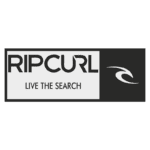Logo da Rip Curl com a frase "Live the Search", representando uma marca de roupas e equipamentos de surf.