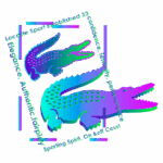 Imagem ilustrativa do logotipo da Lacoste Sport, apresentando um crocodilo estilizado em tons de azul e rosa. O design enfatiza elementos como elegância, autenticidade e espírito esportivo, com a frase "Confidence, Tenacity, Perseverance" destacando os valores da marca.