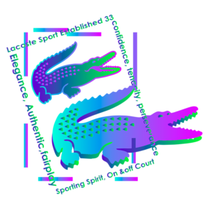 Imagem ilustrativa do logotipo da Lacoste Sport, apresentando um crocodilo estilizado em tons de azul e rosa. O design enfatiza elementos como elegância, autenticidade e espírito esportivo, com a frase "Confidence, Tenacity, Perseverance" destacando os valores da marca.