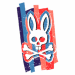 Imagem de um coelho estilizado com uma caveira, cruzado com ossos. O fundo apresenta listras em cores vibrantes, como azul, vermelho e rosa, criando um contraste visual marcante. Ideal para projetos de arte moderna e design gráfico.