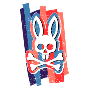 Imagem de um coelho estilizado com uma caveira, cruzado com ossos. O fundo apresenta listras em cores vibrantes, como azul, vermelho e rosa, criando um contraste visual marcante. Ideal para projetos de arte moderna e design gráfico.