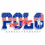Logotipo da marca Polo Ralph Lauren, com as letras "P-O-L-O" em azul, decoradas com estrelas e listras vermelhas e brancas da bandeira dos Estados Unidos, incluindo o icônico cavaleiro de polo na lateral e o texto "Casual Tendency".