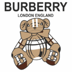 Urso de pelúcia estilizado da marca Burberry, com logotipo "Burberry London England" acima. O urso apresenta um design em tons de marrom, com faixas e laço característicos da marca. Ideal para representar produtos infantis de luxo.