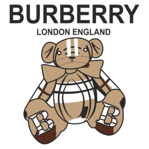 Urso de pelúcia estilizado da marca Burberry, com logotipo "Burberry London England" acima. O urso apresenta um design em tons de marrom, com faixas e laço característicos da marca. Ideal para representar produtos infantis de luxo.
