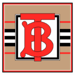 Logotipo estilizado da marca com as letras "TB" em vermelho, destacado sobre um fundo geométrico em tons de bege e preto, incluindo linhas horizontais. Ideal para representar moda e design contemporâneo.