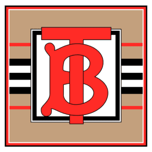 Logotipo estilizado da marca com as letras "TB" em vermelho, destacado sobre um fundo geométrico em tons de bege e preto, incluindo linhas horizontais. Ideal para representar moda e design contemporâneo.