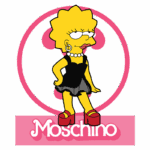 Personagem Lisa Simpson vestido com roupa da Moschino, em poses de atitude, com fundo rosa e logo da marca.