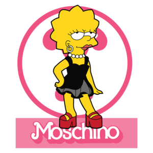 Personagem Lisa Simpson vestido com roupa da Moschino, em poses de atitude, com fundo rosa e logo da marca.