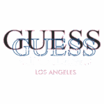 Logo da marca Guess, destacando o nome em várias fontes e estilos, com "Los Angeles" escrito na parte inferior. Ideal para representar moda e estilo contemporâneo.